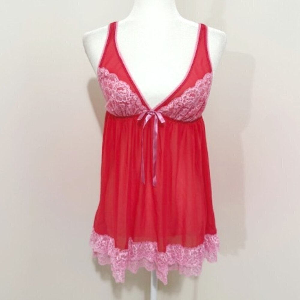 Victoria’s Secret Red Babydoll Chemise Slip Pink Lace Size M